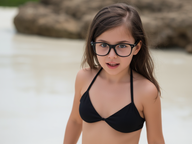 Glasses Little girl in a black bikini scared