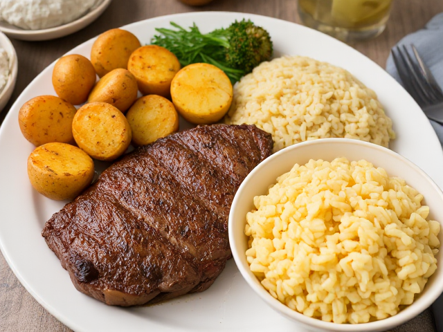 Show me a nice meal with roasted potatoes and sirloin steak and fried egg rice in a separate bowl
