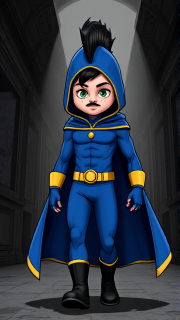 Dramatic Cartoon scene: A preteen 12-year old boy with light skin and freckles on his cheeks named Kyle Lipton, but transformed into a mysterious cosmic superhero named Dr. Dimensionpants, who, despite still being a kid, has an extremely muscular body. He wears a tight blue hood outlined by a yellow line that covers the back half of his head and leaves his ears exposed, with a smooth, slicked back black mohawk on top. He also wears a sleek blue bodysuit outlined with yellow lines on the cuffs of the sleeves and pants, a golden belt with a circular buckle, black boots, and a really big, heel-length long, ultra-wide blue cape with a really big collar outlined with yellow lines wreathed around his neck held up by a golden button. The pupils in his eyes are green, and he has a long black twin moustache, which help protect his true identity in this form. He also has incredible, invincible, and cosmic superpowers flowing through his veins. He is currently walking through a dark, abandoned museum at night, investigating the scene of the crime.
