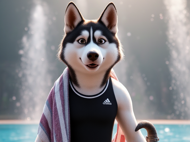 A tall anthropomorphic Siberian husky wearing a adidas swimsuit drying off with a towel 27826409