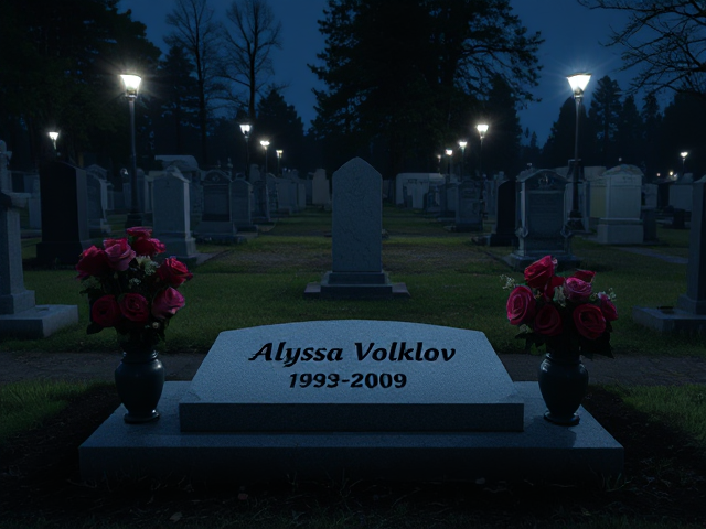 A grave that has the name 'Alyssa Volklov 1993-2009' engraved on it with roses in vases surrounding it at night with other graves (cemetery)