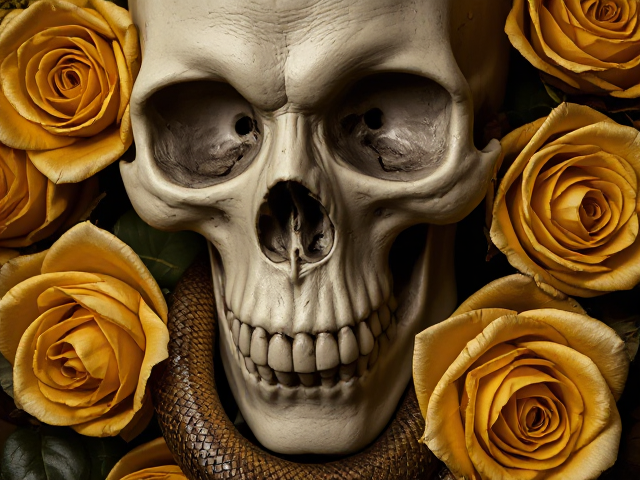 skull with a snake weaving through eye sockets and jaw, detailed scales on the snake, surrounded by intricate golden roses with dewdrops, soft ambient lighting, rich shadows, hyper-realistic textures