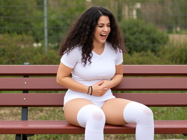 Beautiful semitic volleyball woman with long curly hair and a mostly white uniform with thigh high socks sits on a bench bursting out in laughter. Her full body is visible (including shoes) and she is clutching her stomach while she laughs.  Her shoes are neatly tied.