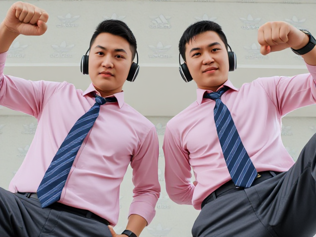 Close-up view of two fierce Japanese businessmen standing confidently. They have short haircuts and are stomping with one leg raised, arms raised in a dominant pose. They're wearing pink collared long-sleeve shirts with large blue striped ties, headphones on their ears, and smartwatches on their wrists. The background features Adidas logos as wallpaper. The perspective is from a low angle, emphasizing their conquering stance. Their faces display angry determination with frowned eyebrows, pursed lips, and clenched fists
