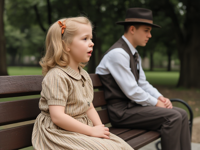young blonde girl age 8 sitting on park bench singing, wearing vintage 1940 clothing, sideview, with young man vintage clothing appraoching from behind her