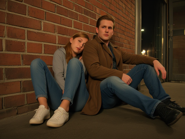 a petite, 13-year-old girl with strawberry blonde hair, wearing jeans and a hooded pullover, sits slumped with her back against a brick wall, feet forward, legs outstretched. Next to her sits a modern-day male vampire, 28 years old, with pale skin and blonde hair, dressed in jeans and a brown trenchcoat. The vampire is slumped against the wall as well, feet forwards, legs outstretched. The girl has a forlorn look and rests her head on the vampire's shoulder. Set at night in an abandoned warehouse, in a holding room with no windows. The vampire is roughed up from a fight. Both have their backs against the wall. 
The vampire looks straight ahead, worried.. they're in a locked room. Seen through a window in the door. Both have their egs outstretched, feet forward, flat on the ground.