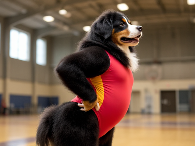 Anthropomorphic Bernese mountain dog with large hips, wearing a vibrant gymnastics leotard, standing confidently in a gymnasium, detailed fur and expressions, dynamic lighting