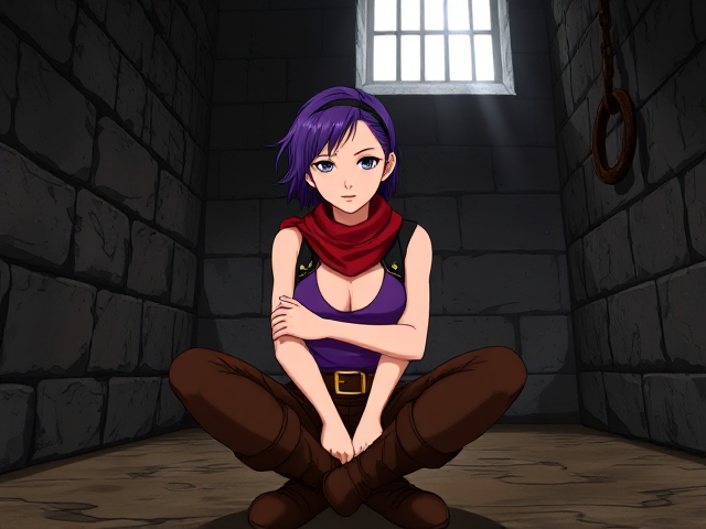 A determined pirate girl with vibrant purple hair, cut short and swept back, accentuating her sharp features and piercing eyes. She is adorned with a matching purple tanktop that clings to her lean physique, and a red scarf, knotted loosely around her neck, adding a pop of color to the otherwise monochromatic setting. Her brown pants, tucked into tall boots, are held up by a sturdy brown belt with a gold buckle that matches the trims on her sleeveless black vest. The vest, while seemingly out of place in the grim dungeon, speaks to her adventurous spirit and defiant nature. She is seated in a damp, dark prison cell, the stones of the walls glistening with the dampness of an ancient structure long forgotten. A single beam of light pierces the gloom from a barred window high above, casting dramatic shadows on the ground. Her arms are crossed over her knees, and a sense of quiet resilience emanates from her posture. The floor is stained with age, and a set of rusty manacles hangs from the opposite wall, hinting at the cell's grim past. Despite her confinement, she maintains an air of confidence, her hair band, also black, keeping the loose strands out of her face as she contemplates her next move. The atmosphere is thick with the scent of damp earth and the weight of history, yet she remains unfazed, her spirit as unshackled as the treasures she once sought on the high seas.