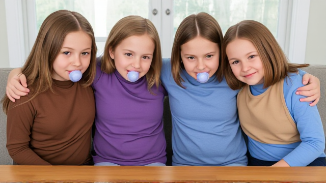 Quatre filles adolescentes aux cheveux lisses et dégagé et de différentes couleurs a l'avant assis à table avec des  grands Bavoirs simple de couleurs marron violet bleu et kaki et des tétines en bouches elles sont en tee-shirts manches longues de différentes couleurs que les Bavoirs et ont des et elles se font un gros câlin et il y a une grande fenêtre derrière le canapé