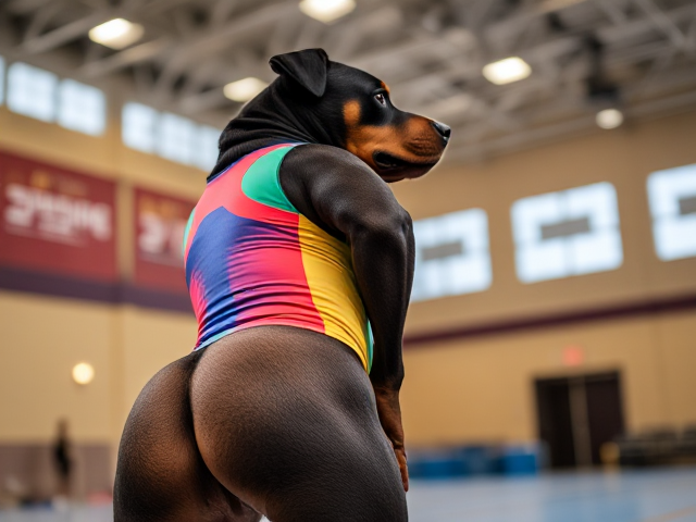 Anthropomorphic Rottweiler wearing a vibrant, colorful gymnastics leotard, highlighting strong and muscular hips, set in a lively gymnasium with bright lighting and energetic atmosphere