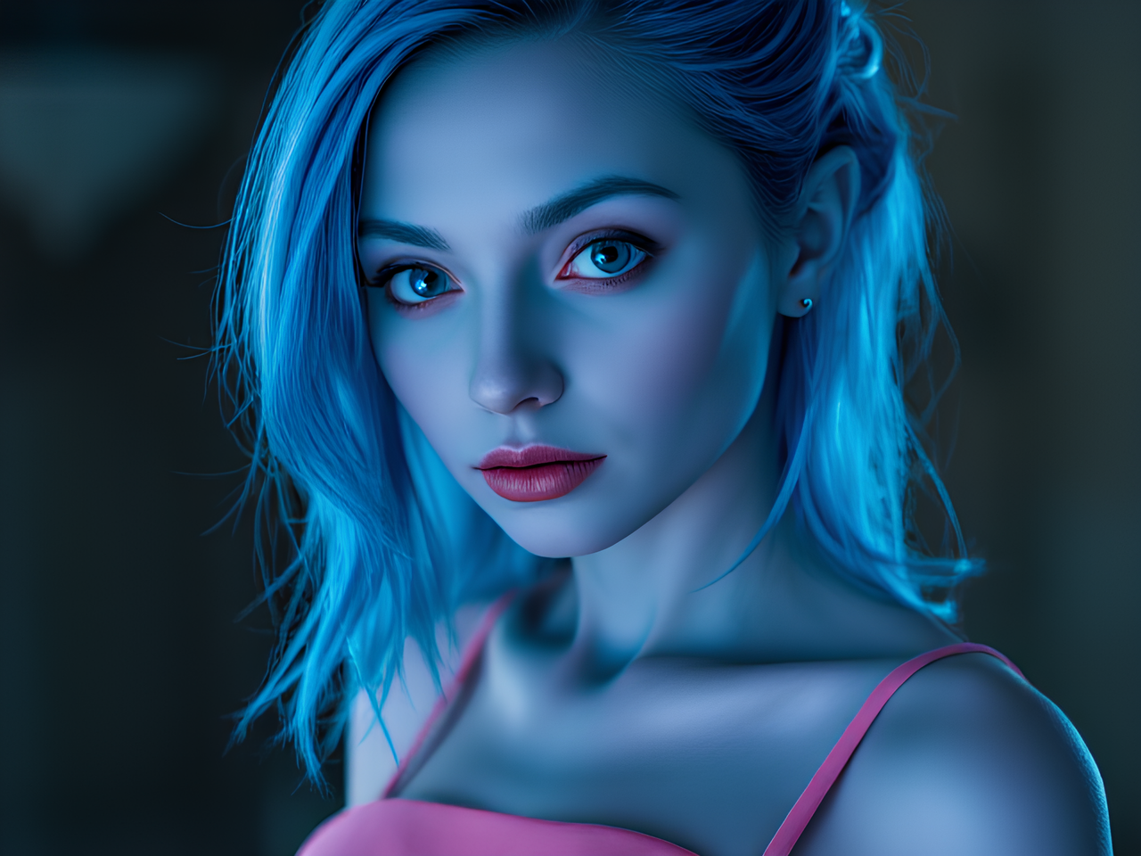 Create blue skin alien woman with blue hair  and wearing a pink dress realistic.