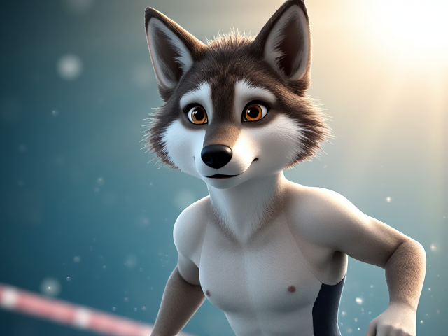 A wolf Olympic swimmer with a long torso, short legs, long arms and broad shoulders, wearing a speedo one piece swimsuit