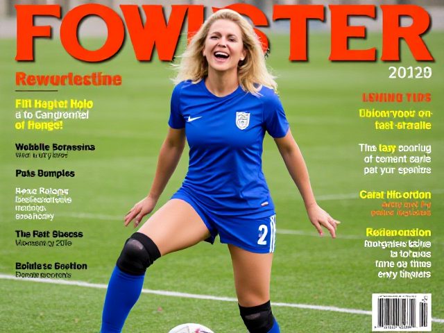 Full body picture of a forty-something blonde woman soccer player in blue uniform with thigh-high socks and knee pads howling in laughter on a magazine cover