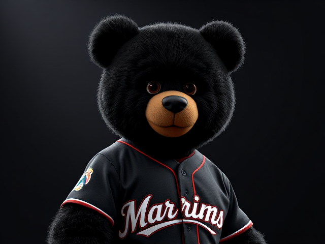 A tall built human teddy bear black fur brown eyes wearing a Marlins throwback uniform