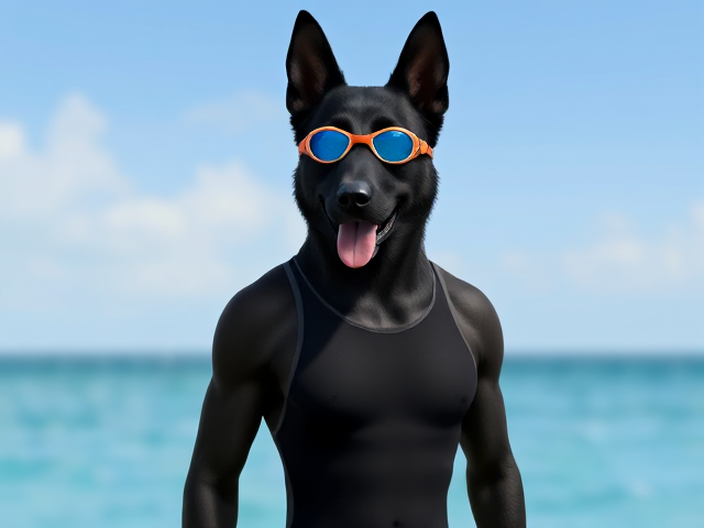A anthropomorphic black German shepherd with a long torso and broad shoulders wearing a one piece swimsuit and swimming goggles