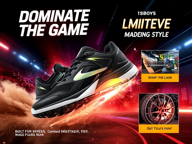 A jaw-dropping advertisement showcasing bold, high-performance sneakers for boys, designed to exude power, speed, and style. The sneakers are ultra-modern, featuring a sleek design with dynamic elements like reflective logos, vibrant neon accents, and textured soles optimized for grip and durability. They are displayed in action-packed poses, like bursting through clouds of dust or surrounded by dynamic streaks of motion. The background is electrifying, with a futuristic vibe: a bold gradient of deep black, fiery red, and electric blue, accentuated with neon streaks, glowing particles, and 3D effects that add depth and intensity.

Key text elements like 'DOMINATE THE GAME' and 'LIMITLESS STYLE' are written in sharp, edgy fonts with glowing effects and metallic textures. Captivating slogans like 'Built for Speed, Made for You' are placed next to close-up shots highlighting the shoe's advanced features (e.g., cushioned soles, breathable materials). The image incorporates powerful urban elements like graffiti walls, city lights, or a glowing arena, tying into an active, competitive lifestyle. Eye-catching call-to-action buttons like 'Shop the Look' or 'Get Yours Now!' are placed strategically with vibrant colors like neon green or orange, making them pop against the high-energy scene. This design is set to captivate the target audience instantly and inspire millions of shares and purchases."