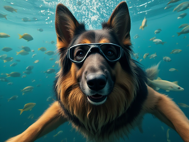 A long haired German shepherd Freediving while wearing Freediving goggles, surrounded by fish