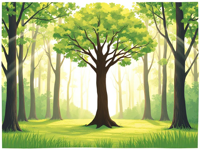 Une toile, un tableau, Une peinture d’une forêt  facile. Rayon de lumière blanc et jaune, ambiance verte, arbre plus herbe.