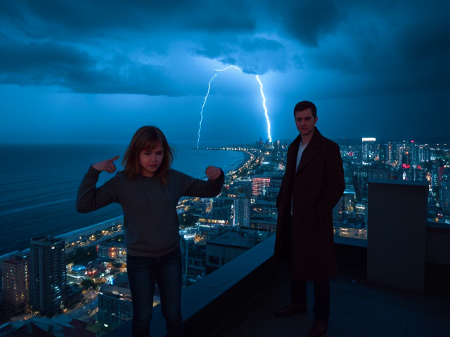 A petite 13-year-old girl with strawberry blonde hair, wearing a hooded pullover and jeans, is standing on the roof ledge of a night club. Next to her on the roof, standing nearby is a modern-day, pale skinned vampire in his late twenties, with blonde hair, dressed in a brown trench coat and jeans. He appears uneasy as he looks at her. The girl gestures angrily at him, flailing her arms outwards and scowling at him. A thunderstorm approaches the cityscape from the sea shore. Set at night.