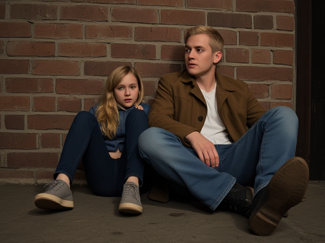 a petite, 13-year-old girl with strawberry blonde hair, wearing jeans and a hooded pullover, sits slumped with her back against a brick wall, feet forward, legs outstretched. Next to her sits a modern-day male vampire, 28 years old, with pale skin and blonde hair, dressed in jeans and a brown trenchcoat. The vampire is slumped against the wall as well, feet forwards, legs outstretched. The girl has a forlorn look and rests her head on the vampire's shoulder. Set at night in an abandoned warehouse, in a holding room with no windows. The vampire is roughed up from a fight. Both have their backs against the wall. 
The vampire looks straight ahead, worried.. they're in a locked room. Seen through a window in the door. Legs flat on the ground.