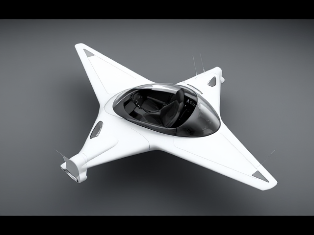 futuristic two-seater flying car. The wheel pulled up into the body, wings extending from below the driver seat. Tails on both rear corners of the car.