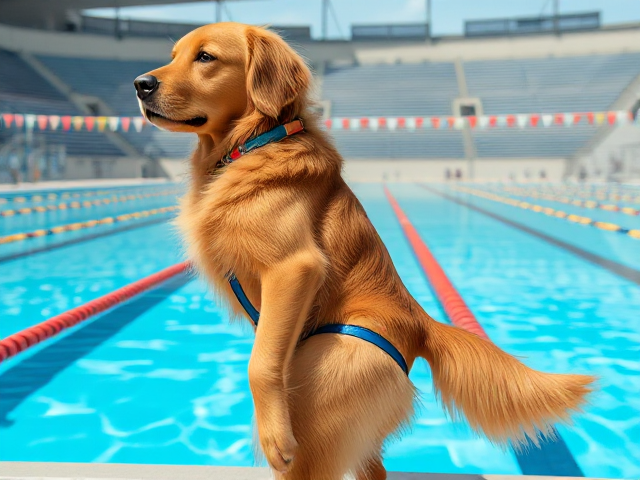 Anthropomorphic golden retriever with large hips, wearing a swimsuit, standing by an Olympic swimming pool, highly detailed and vibrant colors