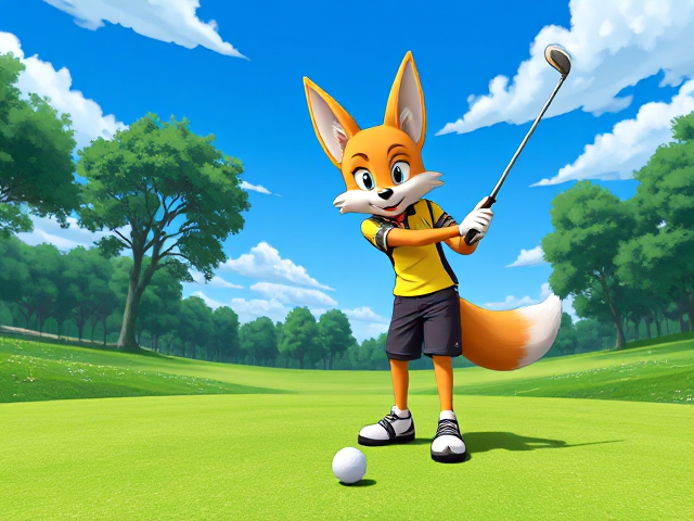 Miles Tails Prower, the two-tailed anthropomorphic fox, on a golf course teeing off from the green, performing an improbable trick shot where he hits the ball behind himself, wearing a sporty outfit with vibrant colors, surrounded by lush greenery and blue skies, showcasing dynamic motion and expression