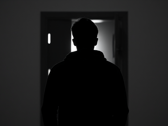 A person stands facing the viewers, illuminated by a glowing doorway or vault behind them. Their face is obscured by shadows or a hoodie, adding an air of mystery to their identity. The bright light spills out from the door, hinting at something concealed within, sparking intrigue. The figure's posture conveys anticipation, as if they are on the brink of revealing something significant or secret. The minimal background ensures all attention is drawn to this suspenseful moment, with a captivating interplay of light and shadow that keeps viewers guessing.