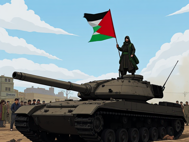 Accurate Palestinian Flag being waved by a hooded figure on top of an enemy destroyed tank as he is followed by the people of Palestine as a guardian after they have been surviving the attacks they are under. Animated in the style of the Telltale's The Walking Dead