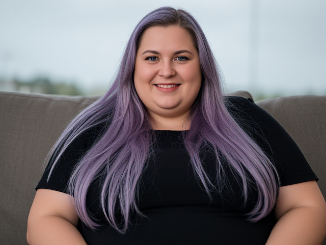 An obese woman 5 10 very long light purple hair blue eyes wearing a black dress sitting on the couch smiling closeup