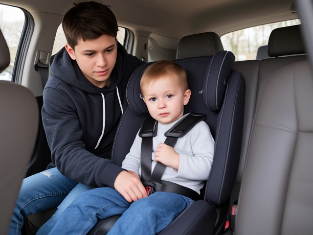 teenage boy in a hoodie and jeans restraining the straps of child car seat on his little brother