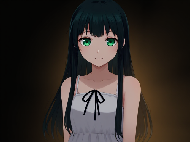 Create a digital illustration of a character inspired by Saya from Saya no Uta, with a similar appearance to the reference image. She should have long, sleek, dark greenish-black hair with slight spikes at the sides, giving her a unique silhouette. Her eyes are large, expressive, and a vibrant emerald green, adding an innocent but subtly unsettling aura. She wears a simple, sleeveless white dress that falls just above her knees, with a delicate black ribbon tied at the neckline. The background is minimalistic and dark to highlight her figure, with subtle shadows or faint mist to evoke a mysterious and dreamlike atmosphere. The character should have a gentle smile, creating a sense of innocence mixed with an eerie undertone.Create a mysterious and dreamlike female character inspired by Saya from Saya no Uta. She is slender, with pale, almost ethereal skin, and large, expressive emerald green eyes that convey an intriguing yet slightly unsettling innocence. Her long, straight hair is either deep black or a silvery hue, framing her face softly but captivatingly. She wears a light, flowing white dress that appears to drift around her, with a delicate, petal-like design. The background is dark and misty, as if she’s in a dreamscape or a shadowed forest, with a soft light behind her creating an almost supernatural aura. The atmosphere should be both beautiful and eerie, with tones of green, blue, and black to give a sense of otherworldly strangeness.