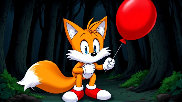 Tails the Fox gets very scared in the dark spooky forest holding a big red rubber balloon with his knees touching inwards SEGA Video Game