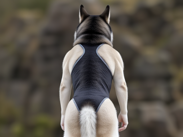 A tall anthropomorphic Siberian husky wearing a sportback swimsuit