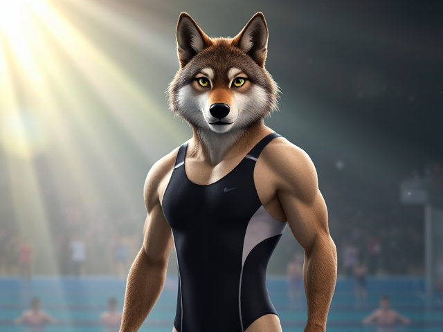 A tall wolf Olympic swimmer with a long torso, short legs, long arms and broad shoulders, wearing a one piece swimsuit