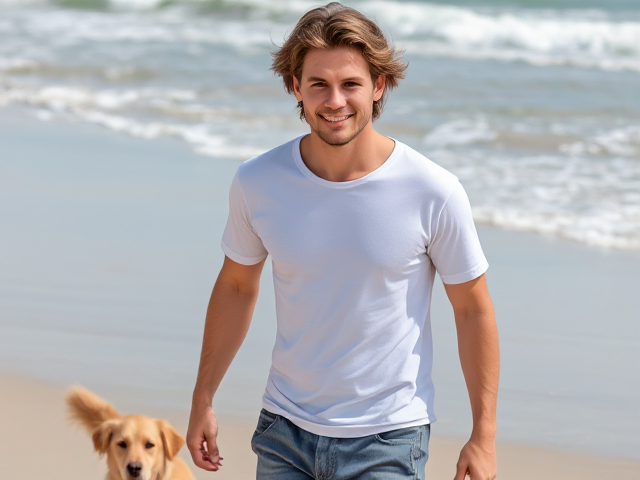 A laid-back, yet attractive man in his late 20s is walking along a sandy beach with a playful golden retriever by his side. His sun-kissed skin and windswept, wavy light brown hair give him a relaxed, beachy vibe. He’s wearing a simple white t-shirt that hugs his toned chest, and faded denim shorts. His deep blue eyes meet the viewer’s gaze with a carefree smile, as the ocean waves crash behind him. His casual yet confident aura makes him stand out in the picturesque beach setting.