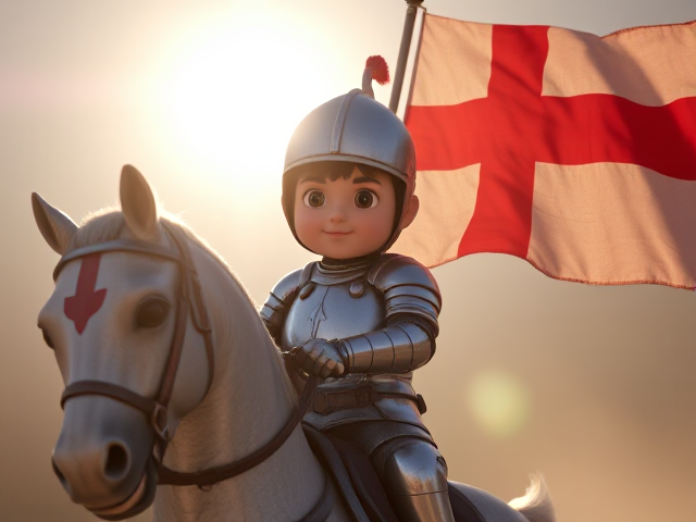 Patriotic epic English knight riding a silver armored stallion with over exaggerated mussels. Flag of St. George
