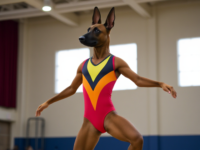 Anthropomorphic Belgian Malinois wearing a colorful gymnastics leotard, performing in a well-lit gymnasium, dynamic pose, detailed fur and fabric textures