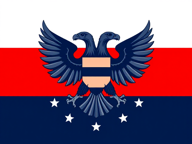 1. Disposition générale
	•	Format : rectangulaire, ratio classique 2:3.
	•	Tricolore : trois bandes horizontales de même taille, dans l’ordre suivant :
	•	Blanc (en haut) — neutralité apparente, pureté imposée.
	•	Bleu nuit (au centre) — autorité, contrôle, surveillance.
	•	Rouge sombre (en bas) — puissance militaire, sang, fierté impériale.

2. Emblème central
	•	Aigle bicéphale (à deux têtes), stylisé :
	•	Têtes opposées (une regardant vers la gauche, l’autre vers la droite) = contrôle absolu à l’intérieur comme à l’extérieur.
	•	Angles marqués, lignes géométriques acérées (comme des flèches ou des pointes) = pouvoir rigide, implacable.
	•	Plumage stylisé en lames, ou triangles imbriqués, formant une silhouette de carapace/armure.
	•	Serres gigantesques et tendues vers le bas : l’aigle tient (ou écrase) deux objets symboliques :
	•	À gauche : un faisceau de flèches (force militaire, répression collective)
	•	À droite : une branche métallique stylisée (pseudo-paix imposée, technocratie)
	•	Corps symétrique, presque mécanique, évoquant une créature mi-biomécanique mi-héraldique.

3. Cercle d’étoiles
	•	Entoure entièrement l’aigle (sans le toucher).
	•	13 étoiles à 5 pointes fines, parfaitement espacées en cercle : référence modifiée aux 13 colonies, mais ici pervertie en symbole d’ordre total.
	•	Les étoiles peuvent être blanches ou argentées sur fond bleu (selon l’effet recherché).