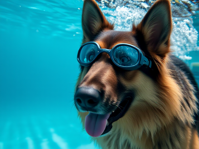 A long-haired German Shepherd wearing swimming goggles underwater