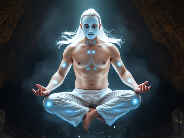 Homme torse nu en lévitation, porte un masque blanc sans visage,porte un pantalon traditionnels chinois, cheveux blancs et longs flottant autour de lui, lumières vibrantes courant le long de tout les méridiens chinois sur un corps, y compris les bras et la tête, iridescent et légèrement translucide révélant un réseau complexe de lumière intérieure. Il est assis en position du lotus dans une ambiance mystique et lumineuse, mettant en avant l'énergie vitale et la spiritualité. Environnement d'une grotte remplie de cristaux scintillants en arrière-plan, avec une douce brume accentuant l'atmosphère spirituelle. Détails raffinés des muscles illustrant l'harmonie entre le physique et le spirituel