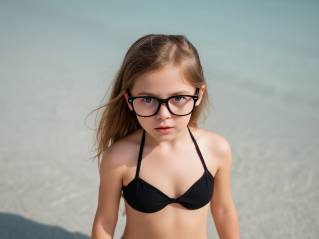 Glasses Little girl in a black bikini scared