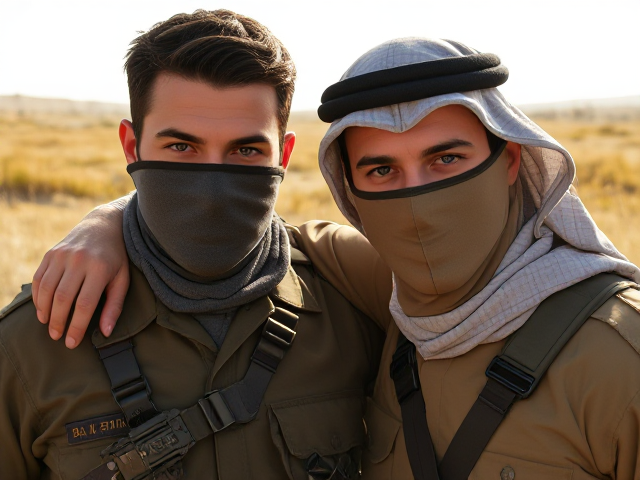 Two men, military clothing, Arab, one with violet eyes and woth dark brown eyes, mask covering their face, arm over each others shoulders, sunny and grassy background