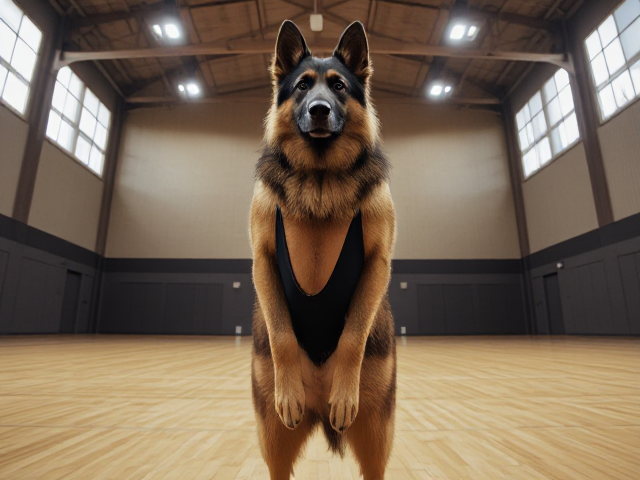 A anthropomorphic long haired German shepherd with large hips stands tall wearing a gymnastics leotard in a gymnasium
