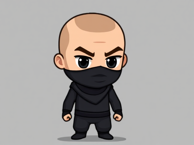 Cartoonish 8-bit ninja with no mask, a shaved head, a Caucasian face and big eyebrows.  The full body is visible, with arms and legs.