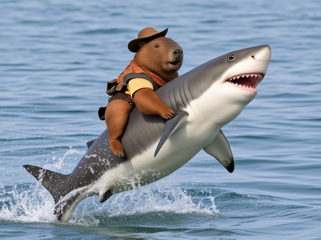 A cute smiling capybara wearing a cowboys outfit riding on the back of a happy great white shark who is jumping out of the water