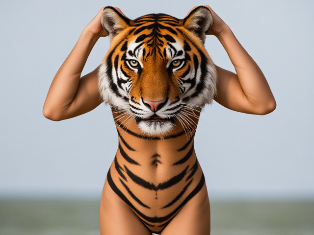 Anthropomorphic tiger broad shoulders one piece swimsuit