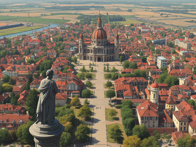 Une ville.
Couleurs, statue, temple, chemins, arbres, eau, maisons, bâtiments, champs