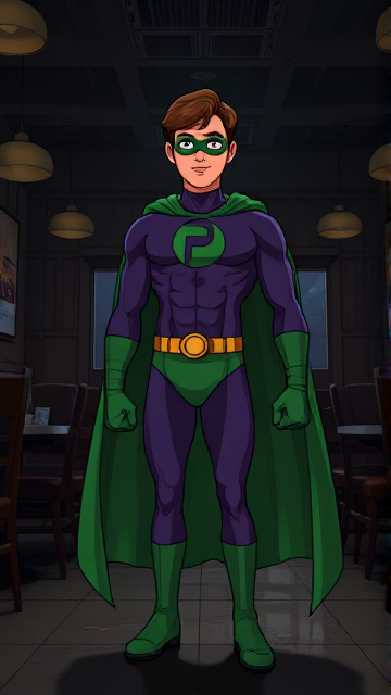 Dramatic Cartoon scene: A young, Autistic 25-year old boy with light skin and flat, smooth, and slick brown hair with a singular curled bang in the shape of a P sticking out at the front named T.J. Granger, but transformed into a genetically-altered superhero named Powerman, who, despite still being a young adult kid, has an extremely muscular body. He wears a sleek purple bodysuit with a green P symbol on his chest, a golden belt with a circular buckle, green briefs, green boots, green long-cuffed gloves, a really big, toe-length long, ultra-wide green cape wreathed around his neck, and a green eye mask that protects his true identity. He also has incredible and invincible superpowers flowing through his veins. In this scene, Powerman is currently standing in a dark, abandoned restaurant by himself, intently awaiting the arrival of someone he knows.