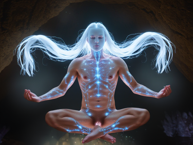 Homme torse nu en lévitation, porte un masque blanc sans visage, cheveux blancs et longs flottant autour de lui, lumières vibrantes courant le long de tout les méridiens chinois sur un corps, y compris les bras et la tête, iridescent et légèrement translucide révélant un réseau complexe de lumière intérieure. Il est assis en position du lotus dans une ambiance mystique et lumineuse, mettant en avant l'énergie vitale et la spiritualité. Environnement d'une grotte remplie de cristaux scintillants en arrière-plan, avec une douce brume accentuant l'atmosphère spirituelle. Détails raffinés des muscles illustrant l'harmonie entre le physique et le spirituel